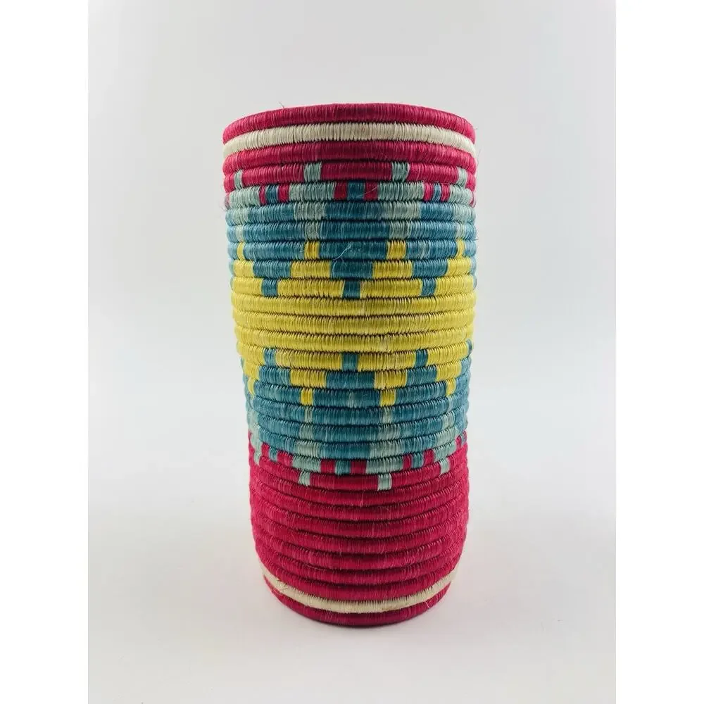 Handmade Coil Weave Basket Tall Colorful Made in Rwanda No Lid Pink Yellow Blue